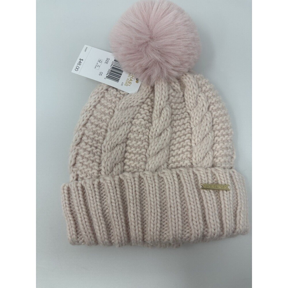 Michael Kors Cable Knit Pom Pom Beanie Hat Pink Gold Logo OS New NWT